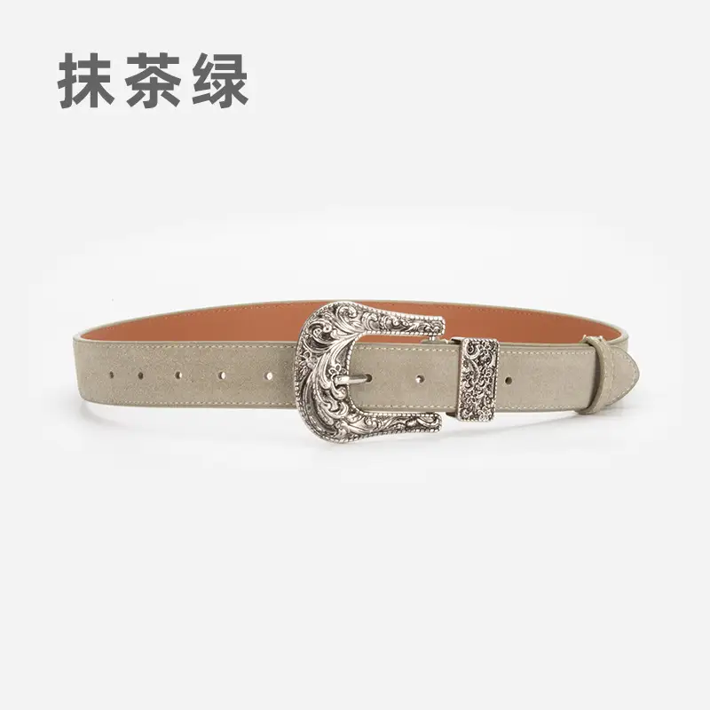 Women's Brown Leather Belt with Carved Silver Buckle - Image 6