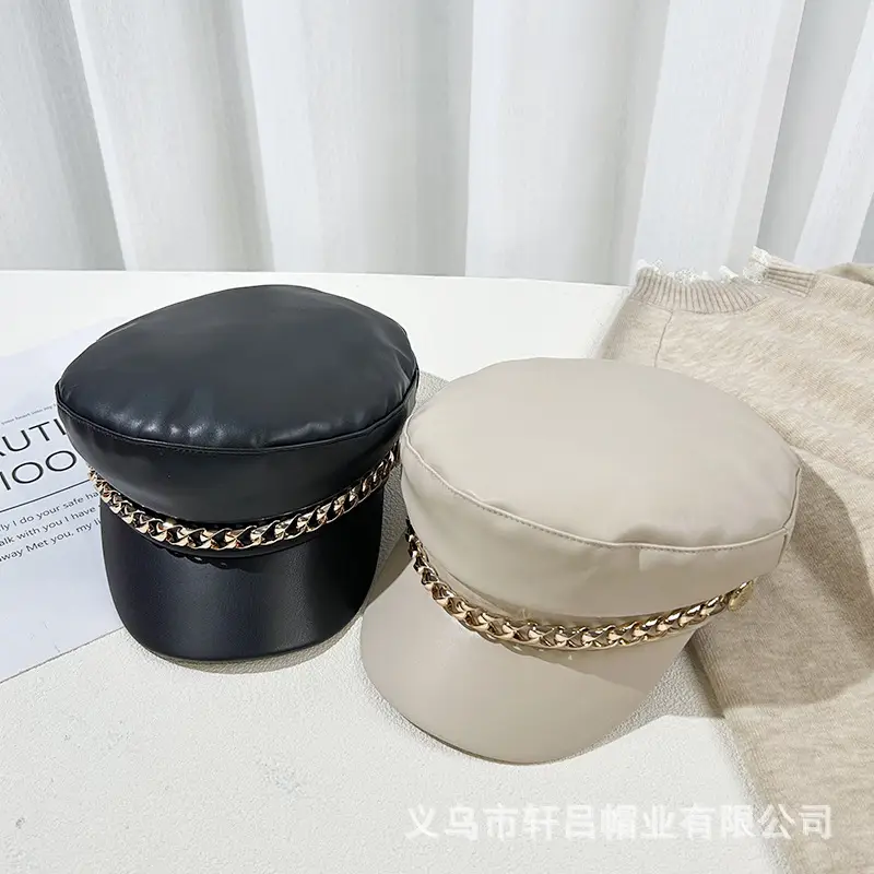 Women Navy PU Leather British Retro Cap with Chain Decor - Image 6