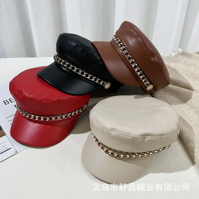Women Navy PU Leather British Retro Cap with Chain Decor - Image 7