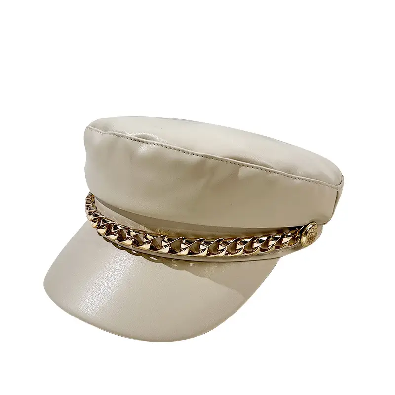 Women Navy PU Leather British Retro Cap with Chain Decor - Image 9