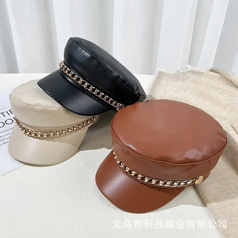 Women Navy PU Leather British Retro Cap with Chain Decor — feature 25