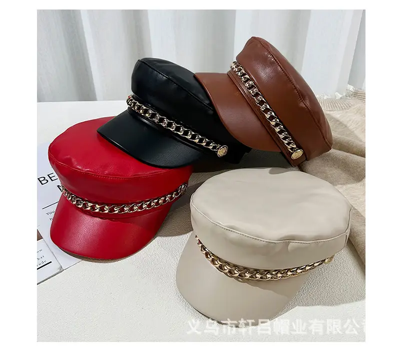 Women Navy PU Leather British Retro Cap with Chain Decor — feature 27