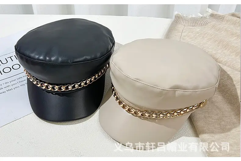 Women Navy PU Leather British Retro Cap with Chain Decor — feature 28
