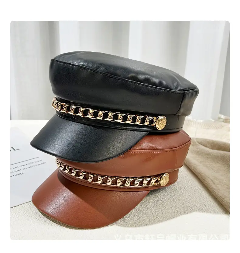 Women Navy PU Leather British Retro Cap with Chain Decor — feature 29