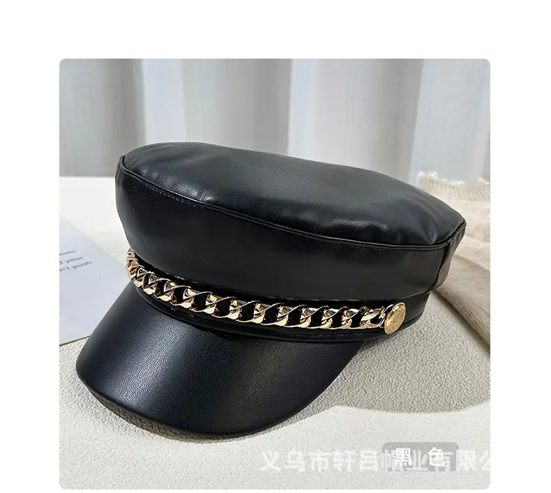Women Navy PU Leather British Retro Cap with Chain Decor — feature 30