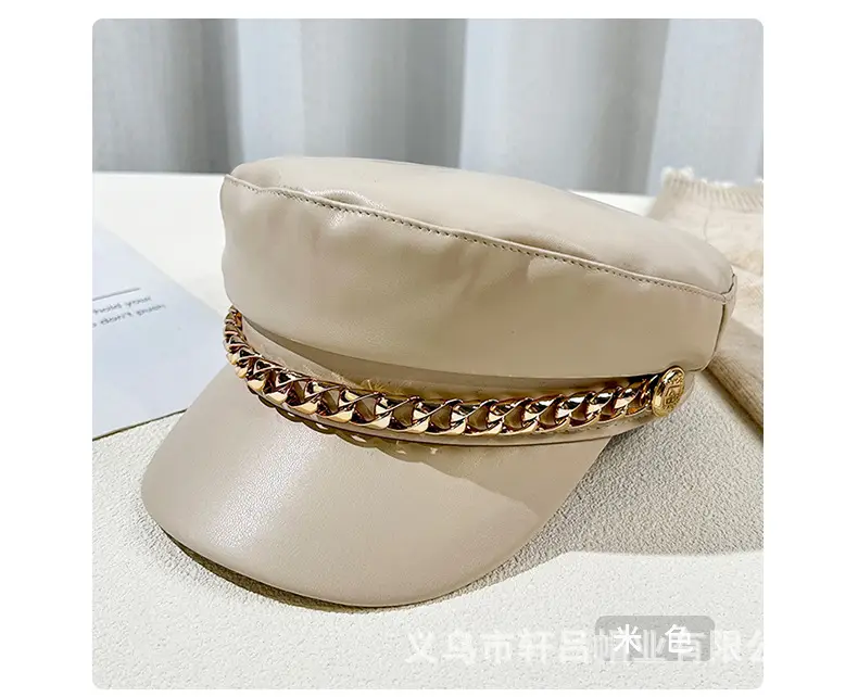 Women Navy PU Leather British Retro Cap with Chain Decor — feature 31
