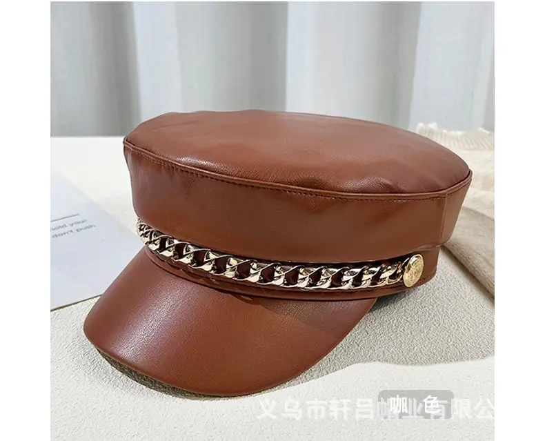 Women Navy PU Leather British Retro Cap with Chain Decor — feature 32