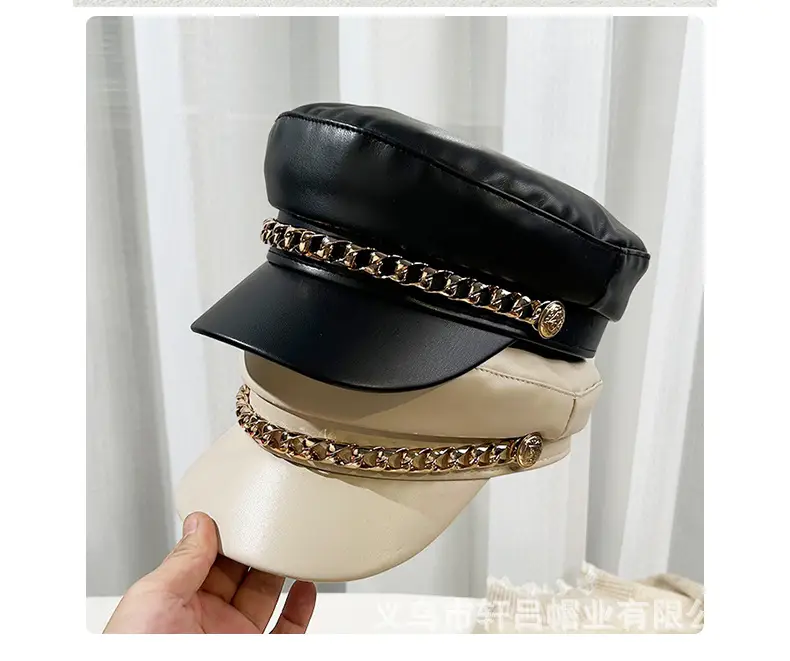 Women Navy PU Leather British Retro Cap with Chain Decor — feature 33