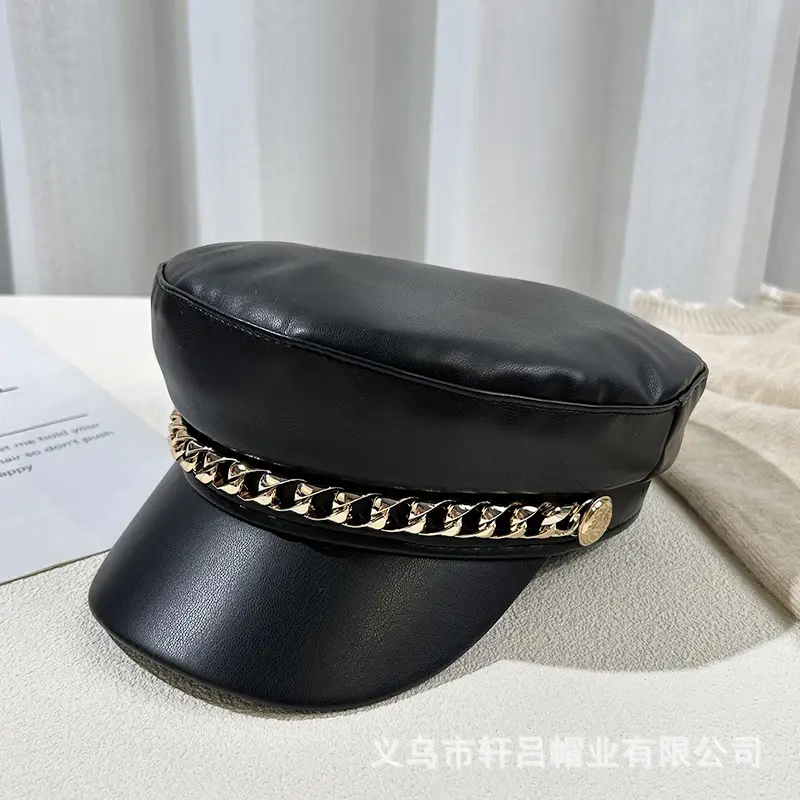 Women Navy PU Leather British Retro Cap with Chain Decor - Image 2