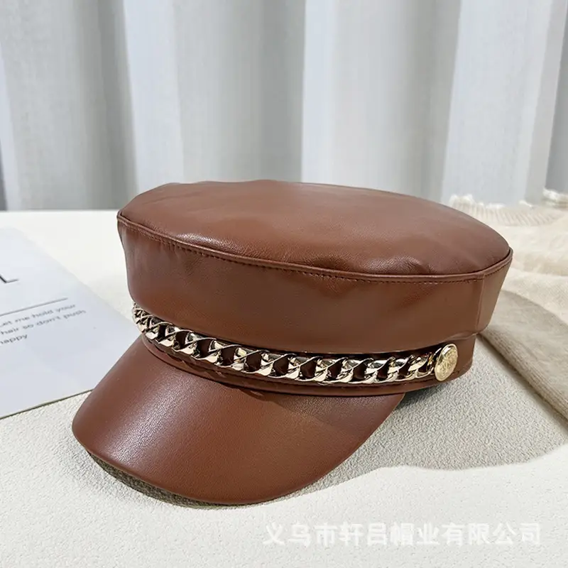 Women Navy PU Leather British Retro Cap with Chain Decor - Image 3