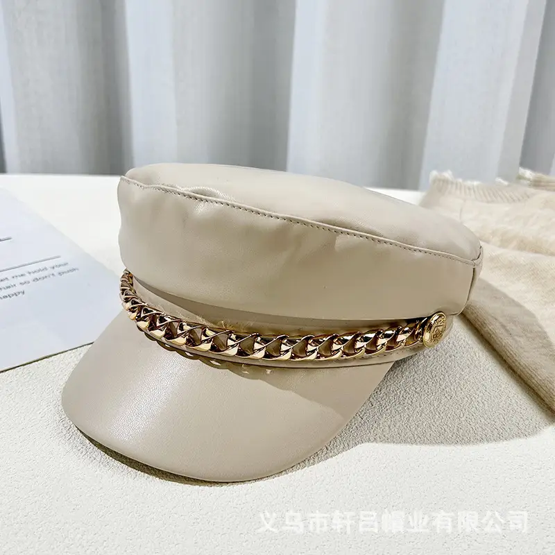 Women Navy PU Leather British Retro Cap with Chain Decor - Image 4