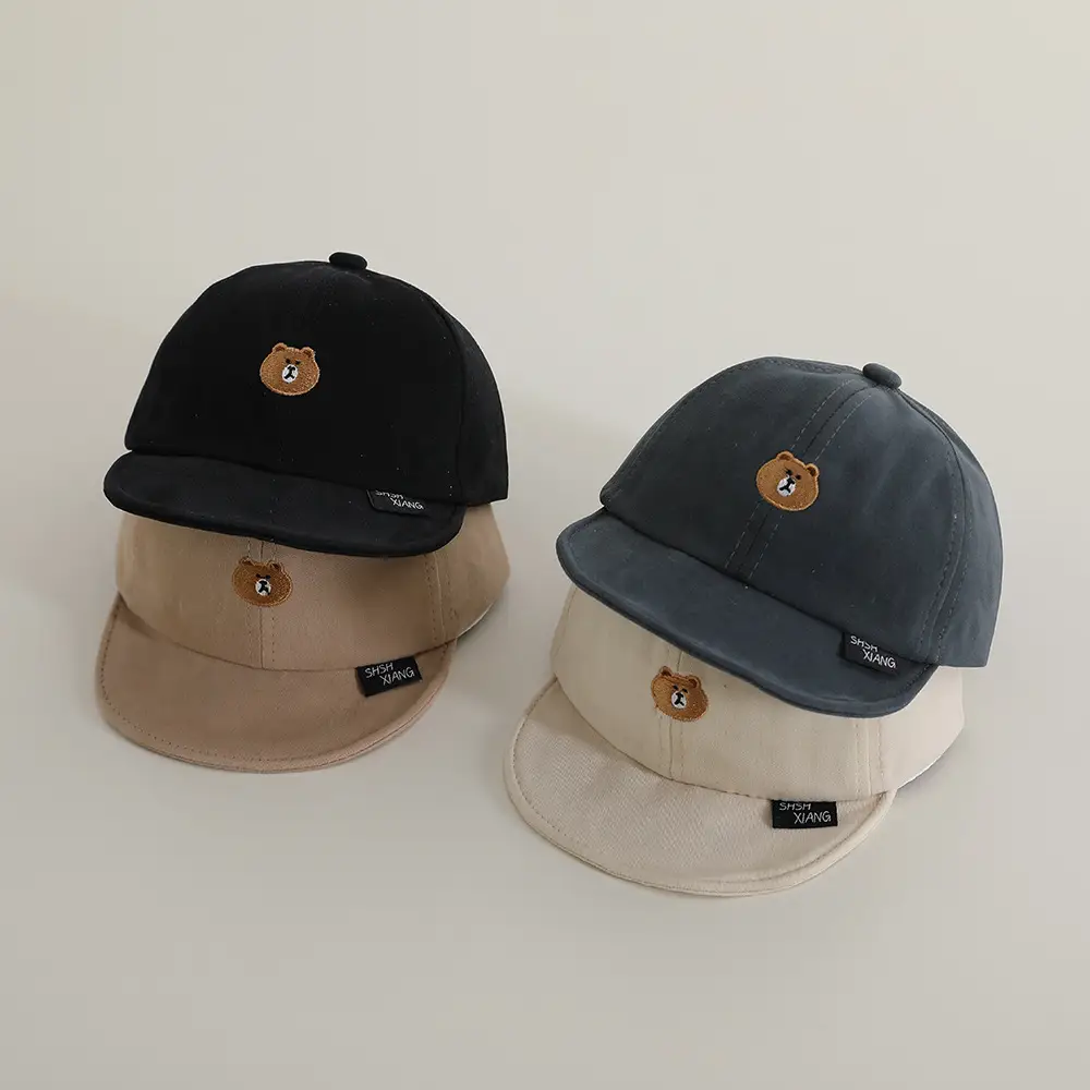 Korean Baby Soft Brim Cap Bear Embroidered Grey — feature 4