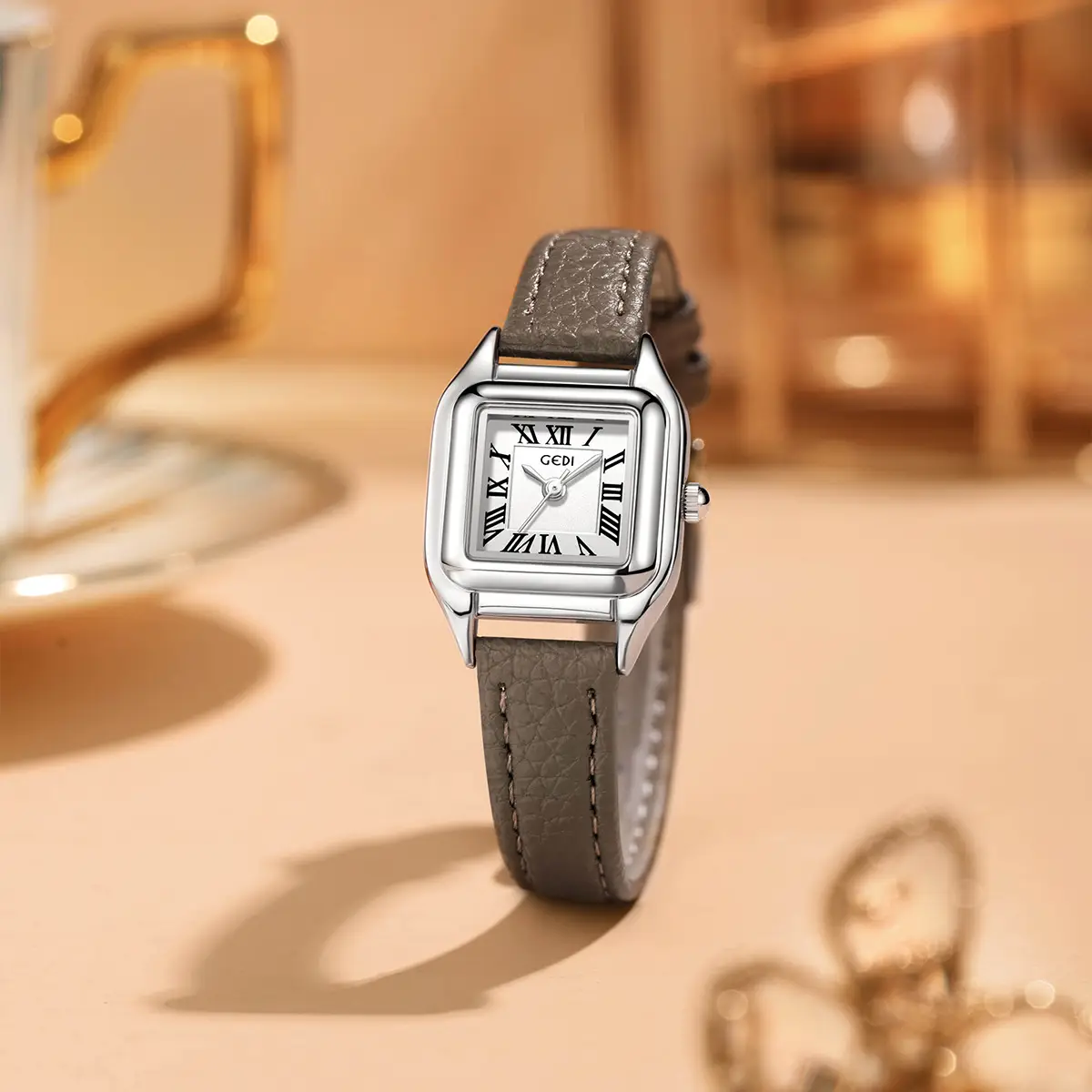 Gold Square Plate Women's Quartz Watch Brown Belt Wrist