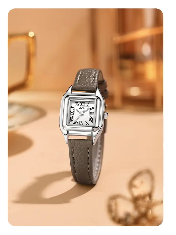 Gold Square Plate Women's Quartz Watch Brown Belt Wrist — feature 11