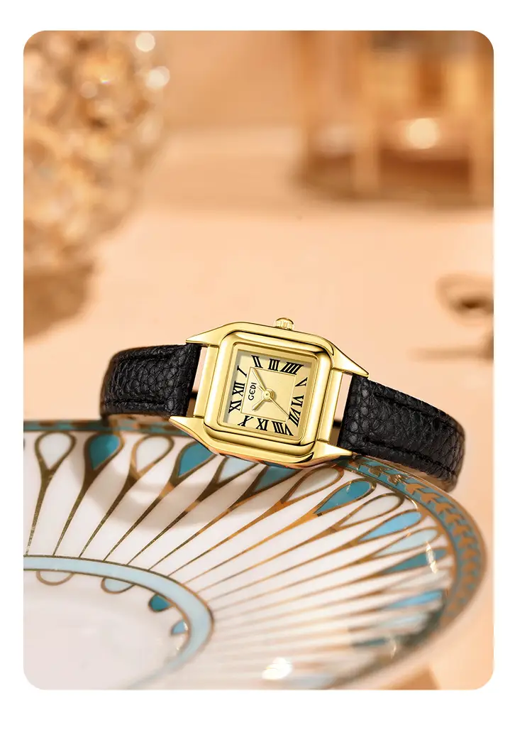 Gold Square Plate Women's Quartz Watch Brown Belt Wrist — feature 12