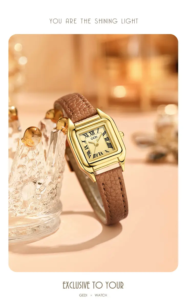 Gold Square Plate Women's Quartz Watch Brown Belt Wrist — feature 9