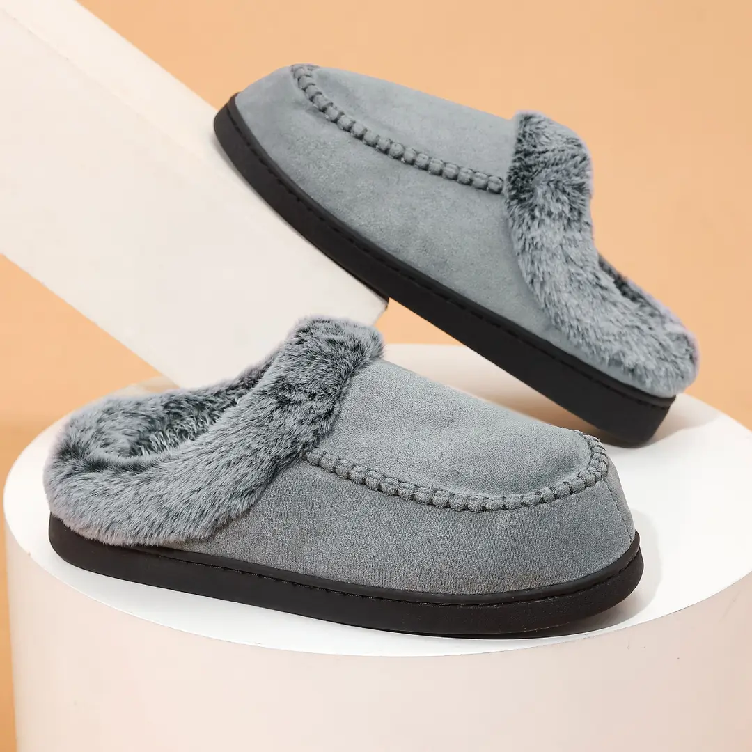 Cross-border New Wholesale Men's Faded Fur Mouth Mark Shoes Home Warm Outer Wear fleece-lined Non-slip Thick Cotton Slippers