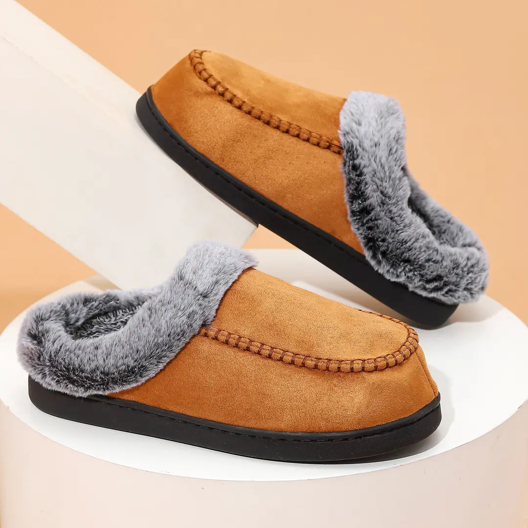Cross-border New Wholesale Men's Faded Fur Mouth Mark Shoes Home Warm Outer Wear fleece-lined Non-slip Thick Cotton Slippers