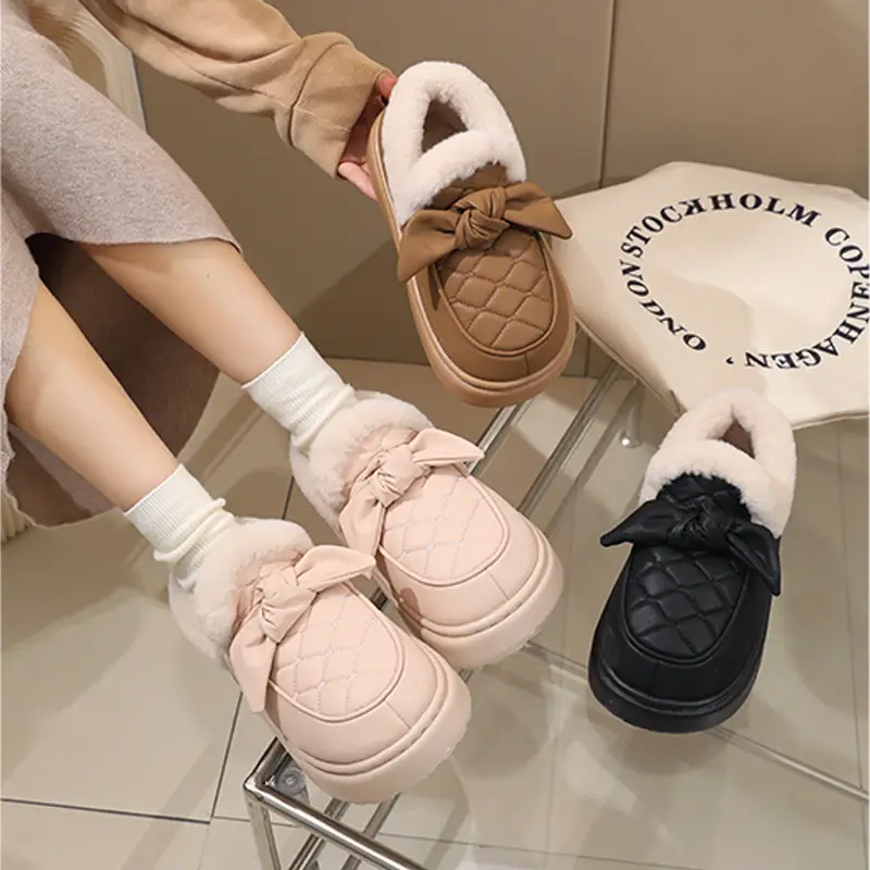 Nanbo Wan Cotton Slippers Women's Winter Bow Outer Wear fleece-lined Thickened Warm Leather Waterproof Bag Heel Cotton Shoes - Image 4