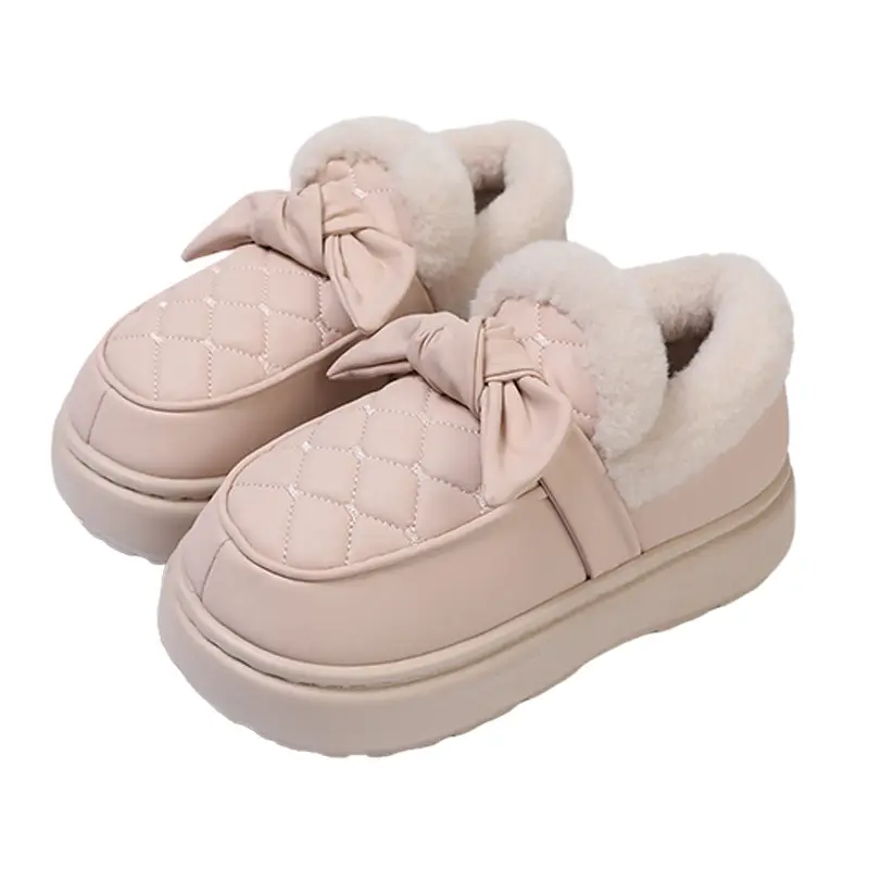 Nanbo Wan Cotton Slippers Women's Winter Bow Outer Wear fleece-lined Thickened Warm Leather Waterproof Bag Heel Cotton Shoes - Image 7