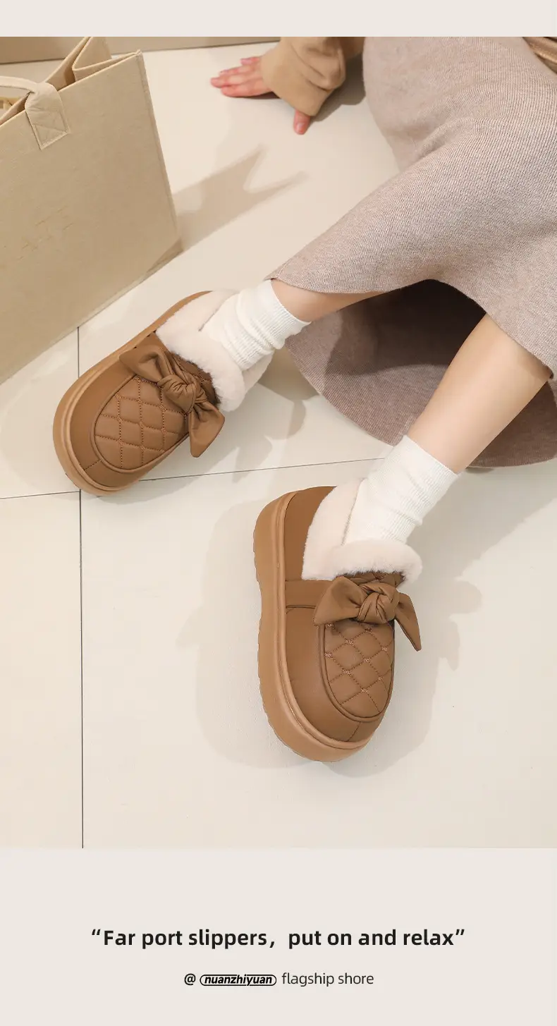 Nanbo Wan Cotton Slippers Women's Winter Bow Outer Wear fleece-lined Thickened Warm Leather Waterproof Bag Heel Cotton Shoes — feature 11