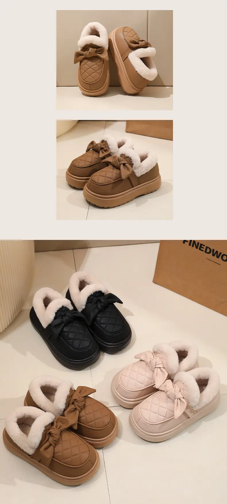 Nanbo Wan Cotton Slippers Women's Winter Bow Outer Wear fleece-lined Thickened Warm Leather Waterproof Bag Heel Cotton Shoes — feature 12