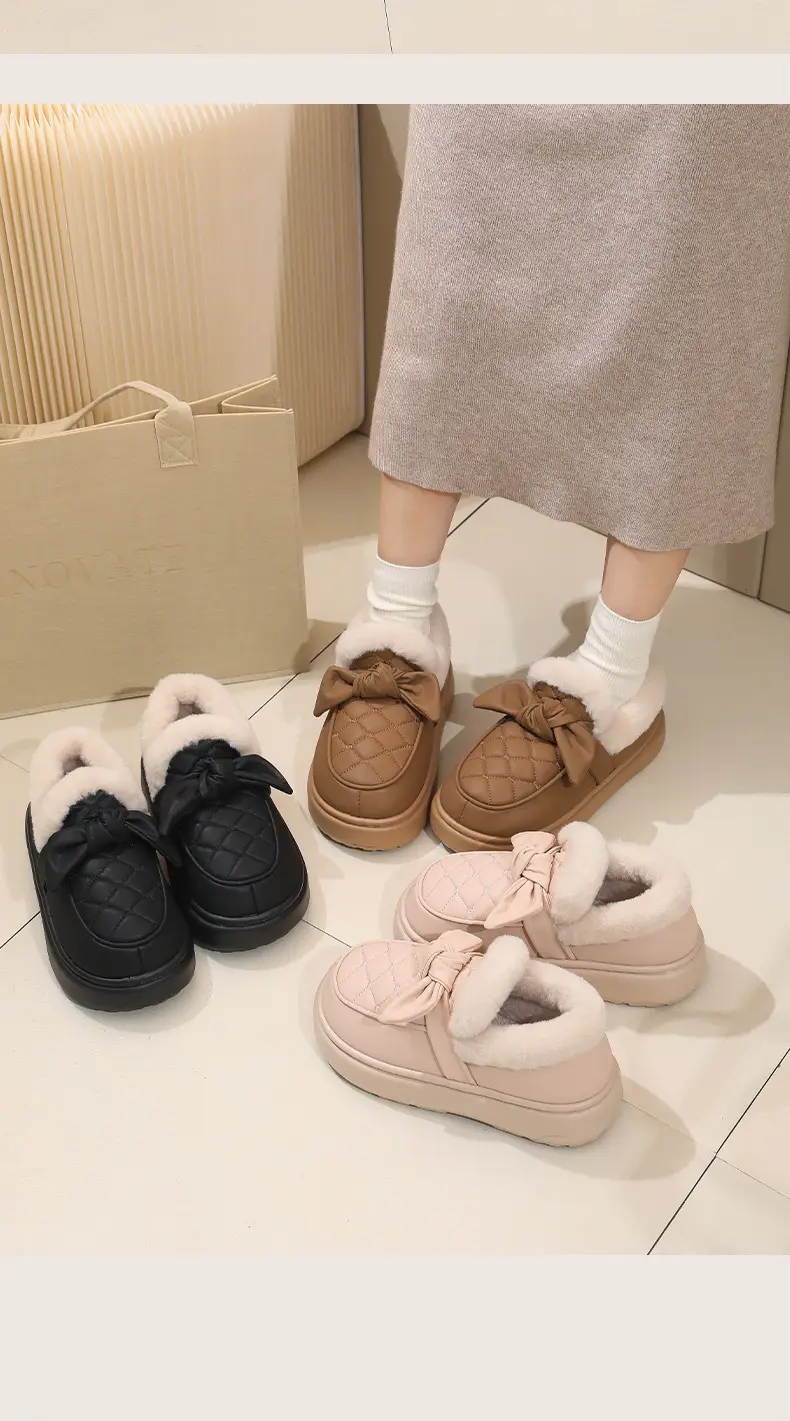 Nanbo Wan Cotton Slippers Women's Winter Bow Outer Wear fleece-lined Thickened Warm Leather Waterproof Bag Heel Cotton Shoes — feature 13