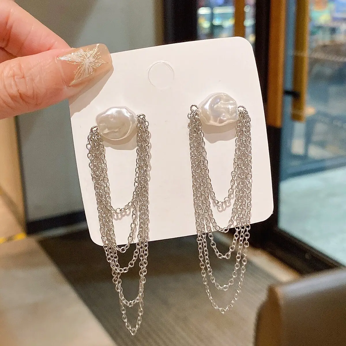 Golden Pearl Flower Tassel Earrings for Women - Image 8