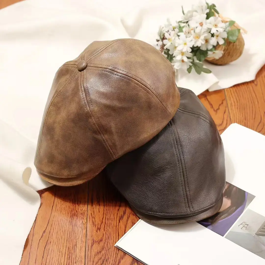 Vintage PU Leather Forward Hat for Men Women Autumn Winter Artistic Hong Kong Style Fashion Japanese Style Duck Tongue Beret - Image 7