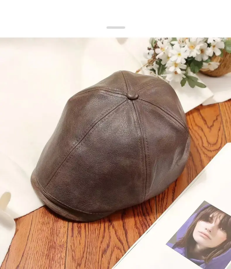 Vintage PU Leather Forward Hat for Men Women Autumn Winter Artistic Hong Kong Style Fashion Japanese Style Duck Tongue Beret — feature 11
