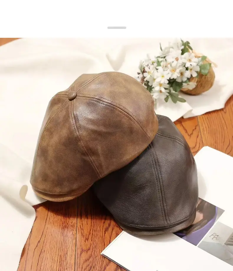 Vintage PU Leather Forward Hat for Men Women Autumn Winter Artistic Hong Kong Style Fashion Japanese Style Duck Tongue Beret — feature 7