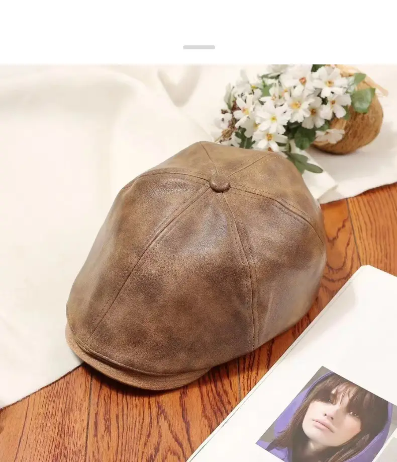 Vintage PU Leather Forward Hat for Men Women Autumn Winter Artistic Hong Kong Style Fashion Japanese Style Duck Tongue Beret — feature 9