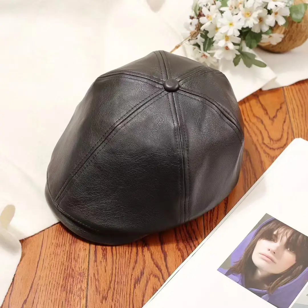 Vintage PU Leather Forward Hat for Men Women Autumn Winter Artistic Hong Kong Style Fashion Japanese Style Duck Tongue Beret - Image 2