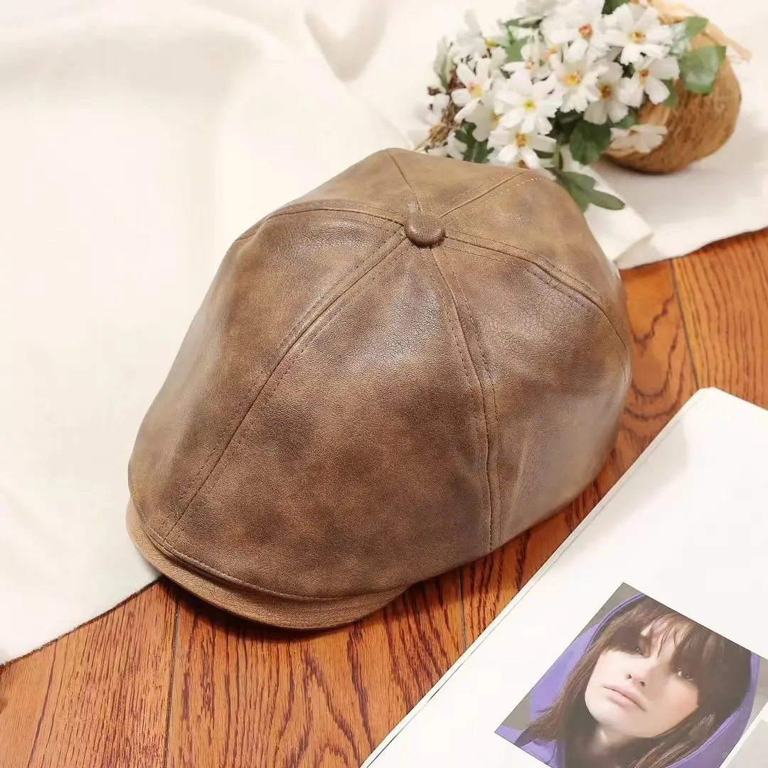 Vintage PU Leather Forward Hat for Men Women Autumn Winter Artistic Hong Kong Style Fashion Japanese Style Duck Tongue Beret - Image 3