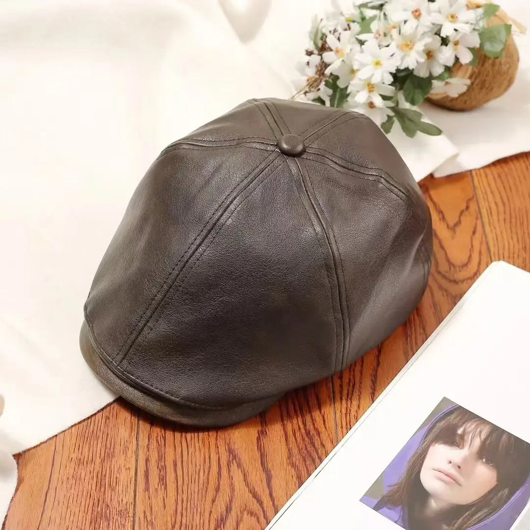Vintage PU Leather Forward Hat for Men Women Autumn Winter Artistic Hong Kong Style Fashion Japanese Style Duck Tongue Beret - Image 4