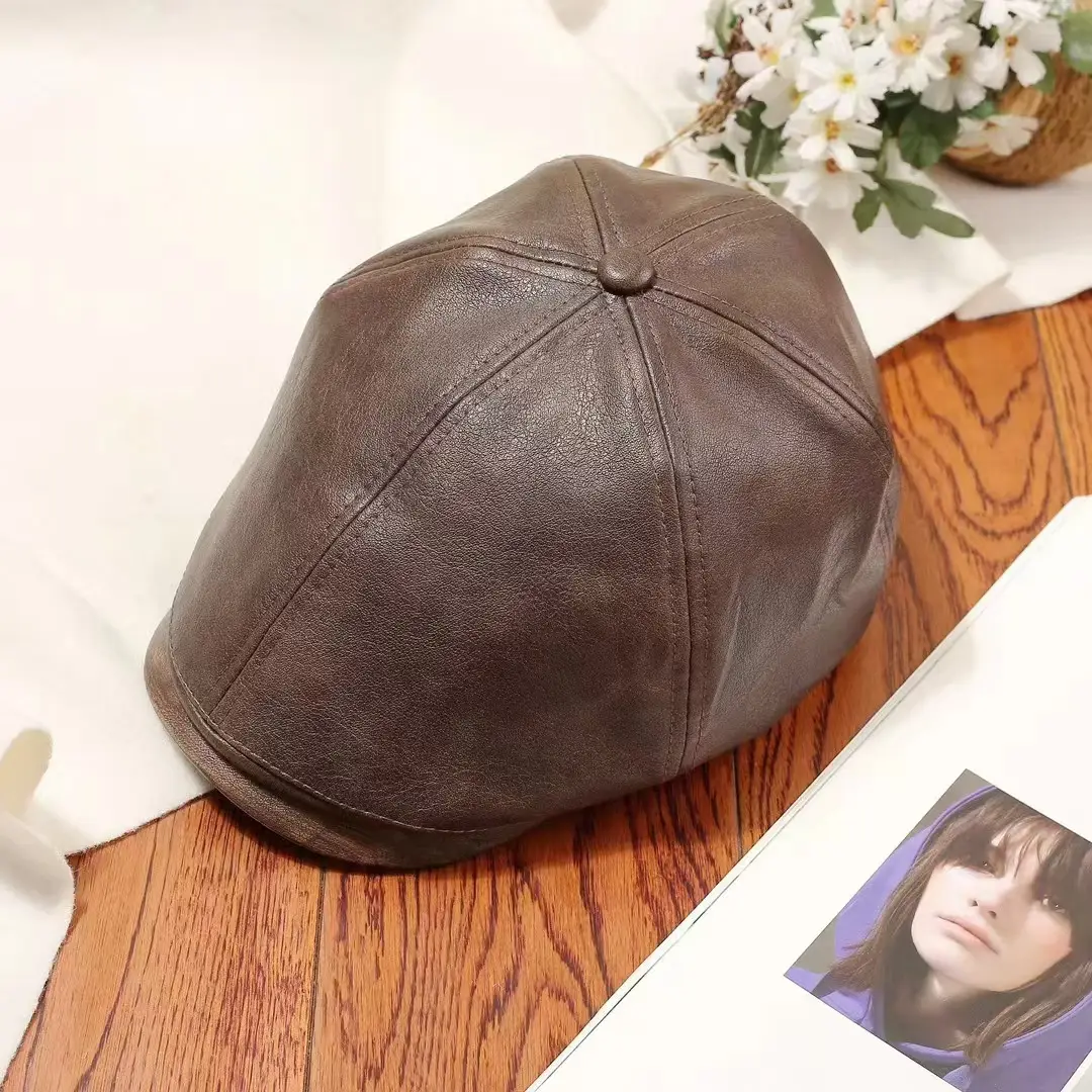 Vintage PU Leather Forward Hat for Men Women Autumn Winter Artistic Hong Kong Style Fashion Japanese Style Duck Tongue Beret - Image 5