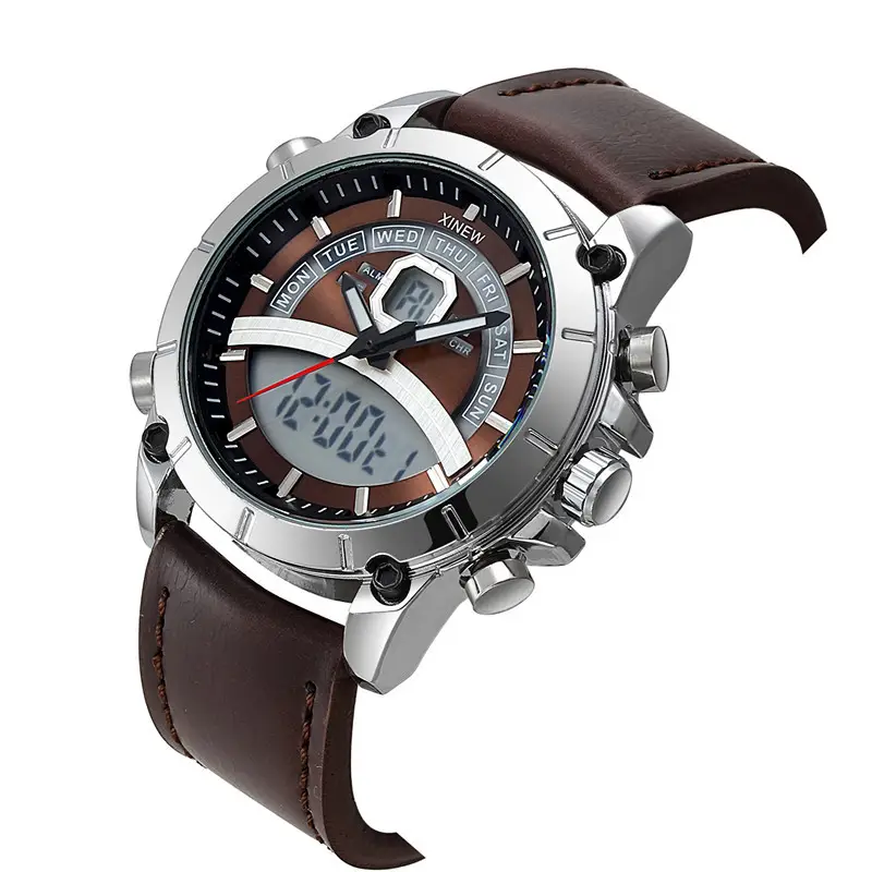 Men's Stainless Steel Analog Watch with Digital Display Brown Leather Band
