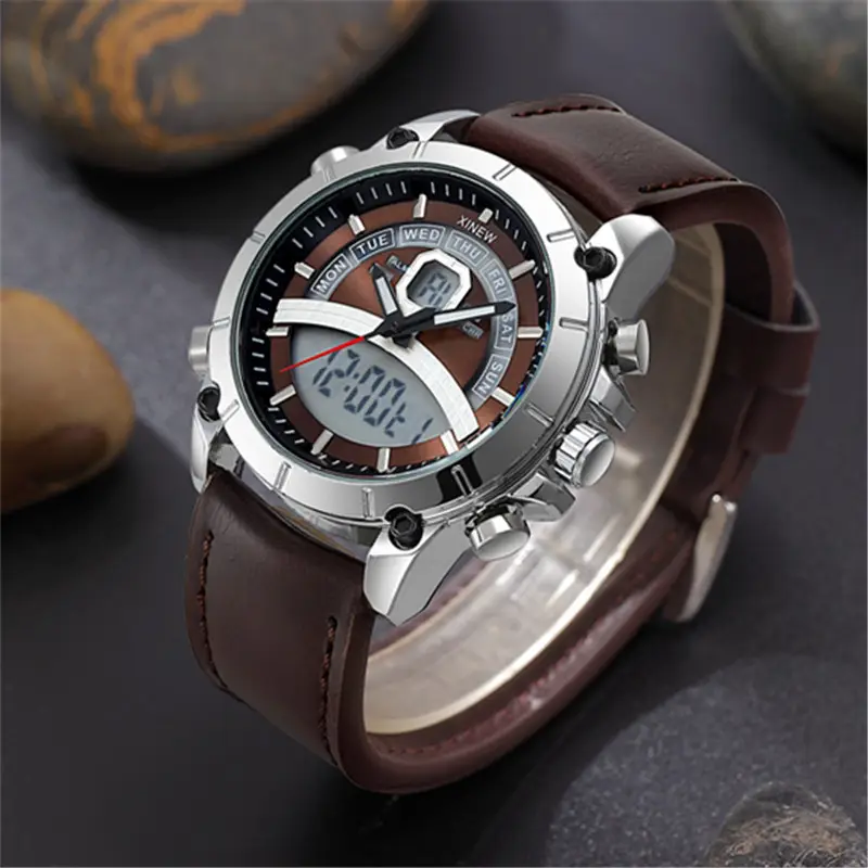 Men's Stainless Steel Analog Watch with Digital Display Brown Leather Band