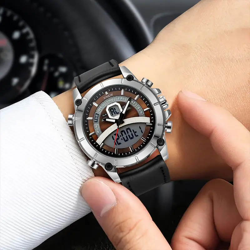 Men's Stainless Steel Analog Watch with Digital Display Brown Leather Band