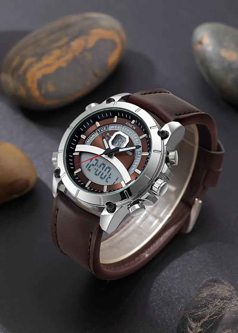 Men's Stainless Steel Analog Watch with Digital Display Brown Leather Band — feature 10