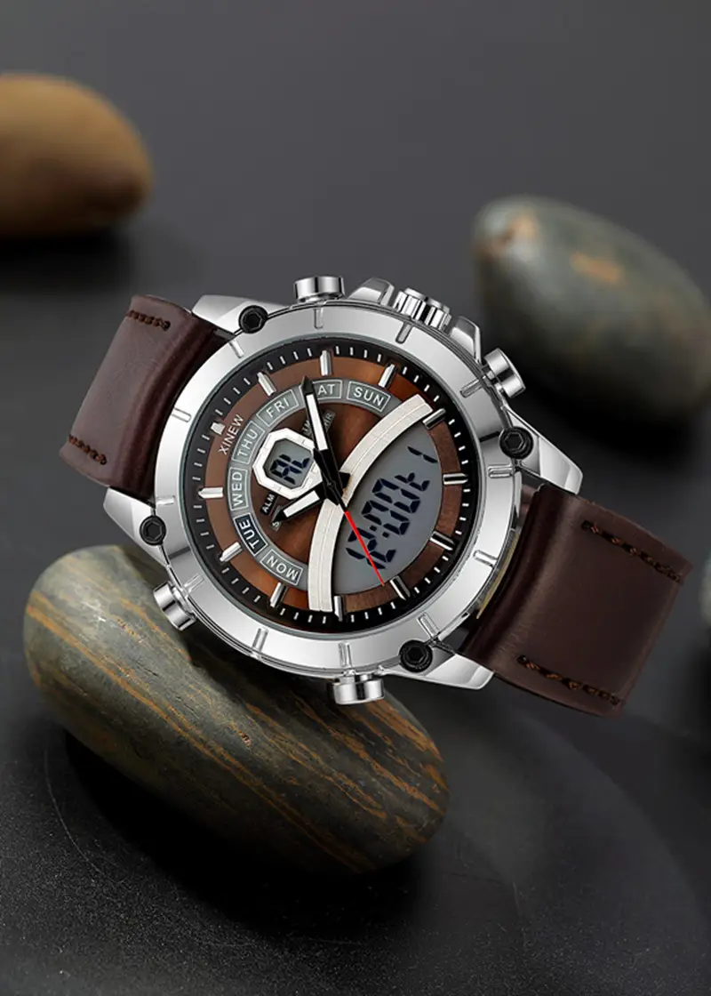 Men's Stainless Steel Analog Watch with Digital Display Brown Leather Band — feature 11