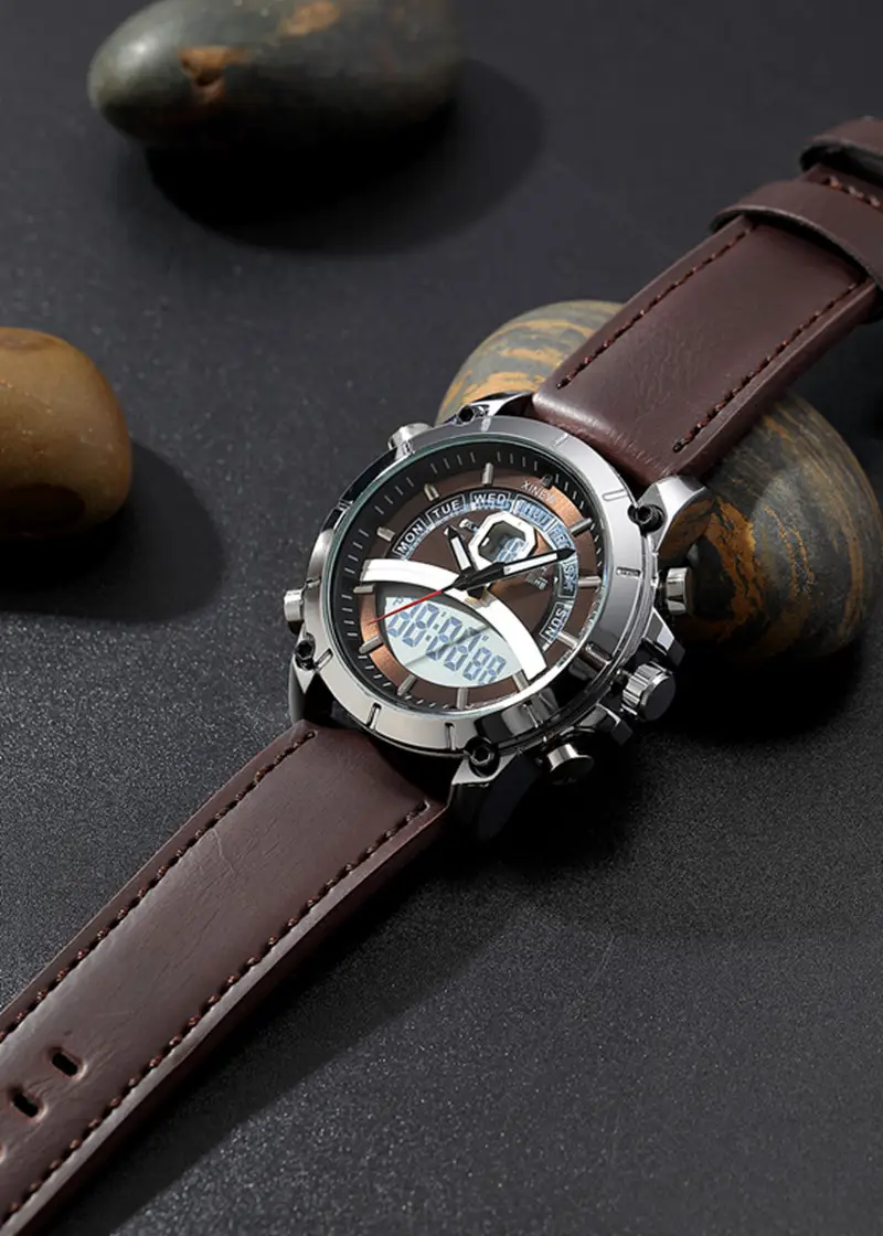 Men's Stainless Steel Analog Watch with Digital Display Brown Leather Band — feature 12