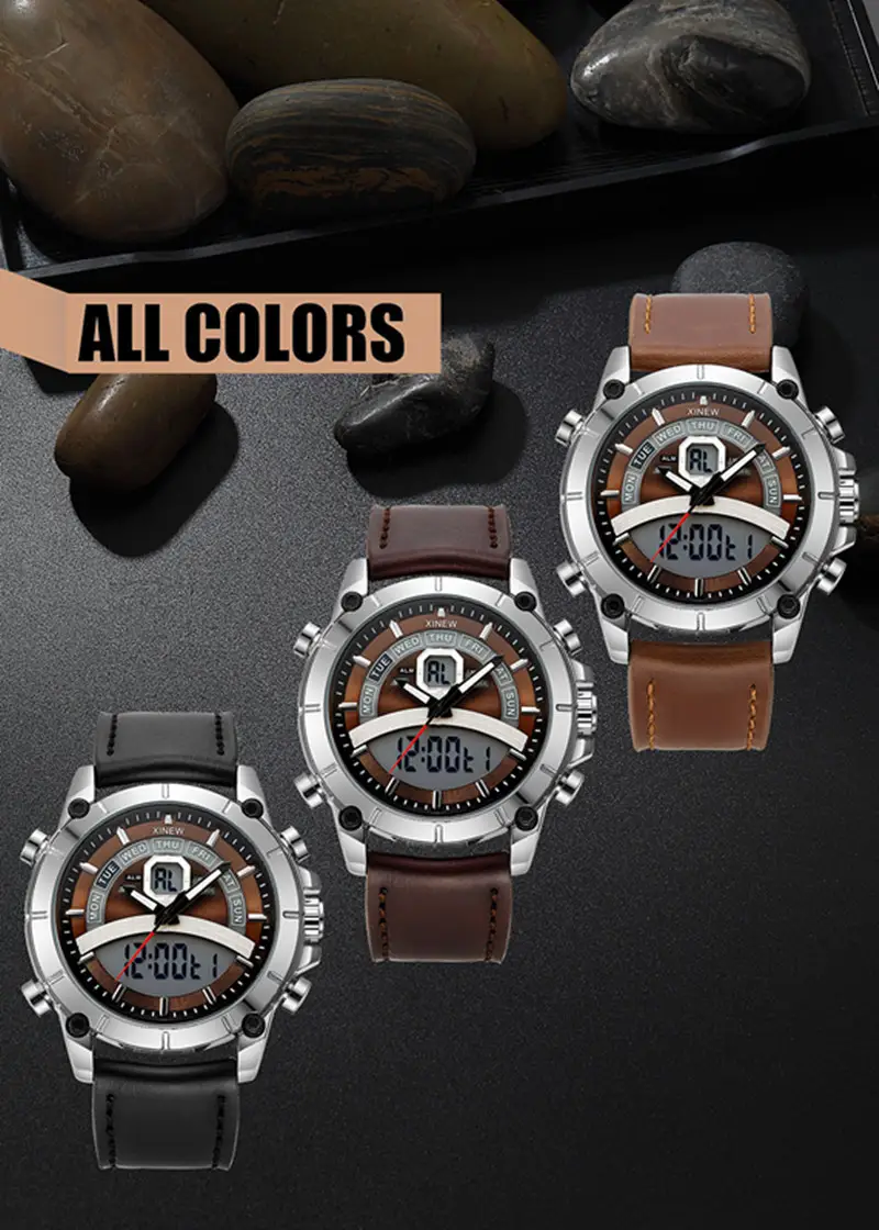 Men's Stainless Steel Analog Watch with Digital Display Brown Leather Band — feature 13