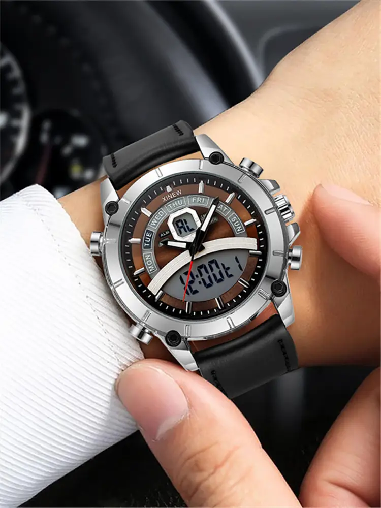 Men's Stainless Steel Analog Watch with Digital Display Brown Leather Band — feature 9