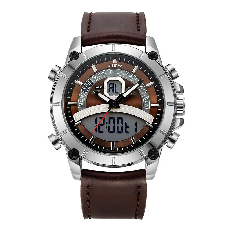 Men's Stainless Steel Analog Watch with Digital Display Brown Leather Band