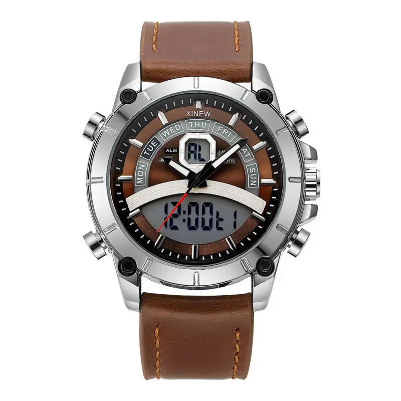 Men's Stainless Steel Analog Watch with Digital Display Brown Leather Band