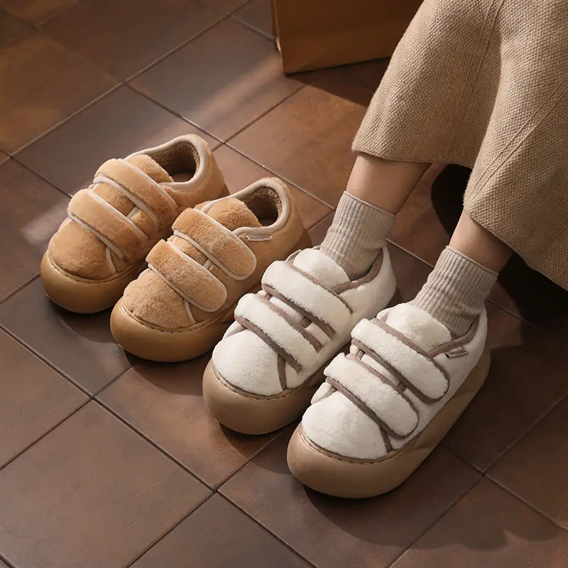 Thick bottom cotton slippers women's fashion all-match hook and loop Korean autumn and winter new non-slip warm Mao Mao slippers for outerwear - Image 5