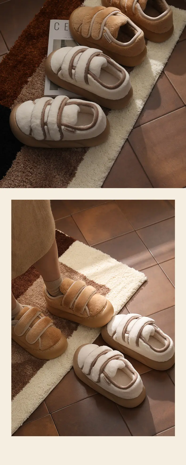 Thick bottom cotton slippers women's fashion all-match hook and loop Korean autumn and winter new non-slip warm Mao Mao slippers for outerwear — feature 10