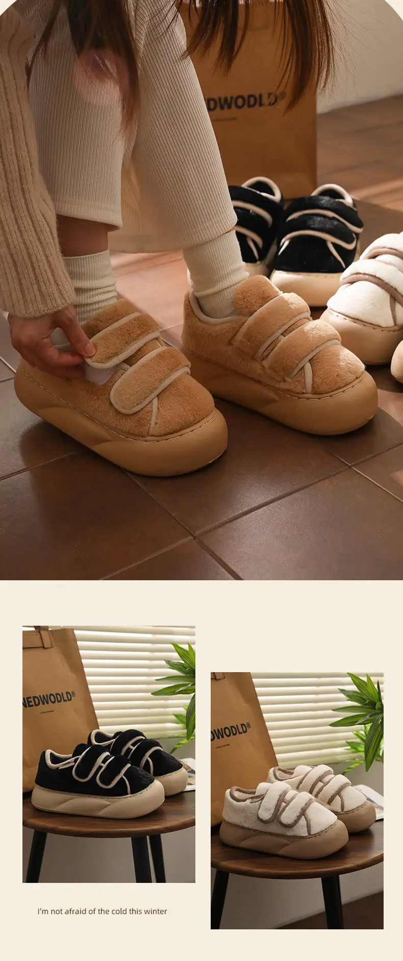 Thick bottom cotton slippers women's fashion all-match hook and loop Korean autumn and winter new non-slip warm Mao Mao slippers for outerwear — feature 8