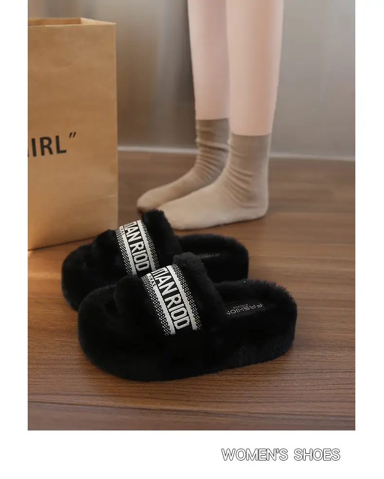 Women Furry Slippers Black Winter Cotton 2025 — feature 10